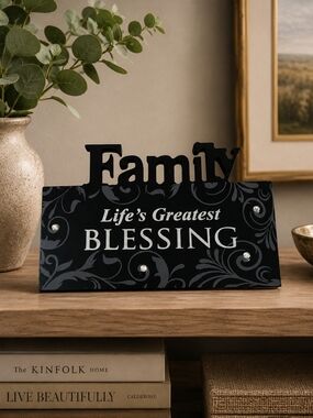Family Life's Greatest Blessing Wooden Tabletop Sign Home Decor 7x3.25" VG